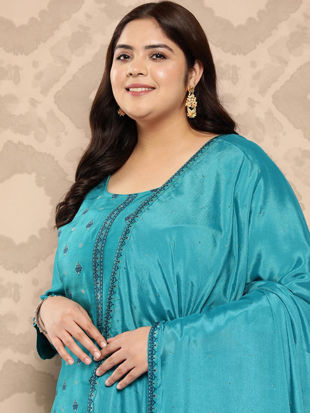 Turquoise Blue Woven Design Silk Blend Straight Kurta With Trousers and Dupatta - Libas 