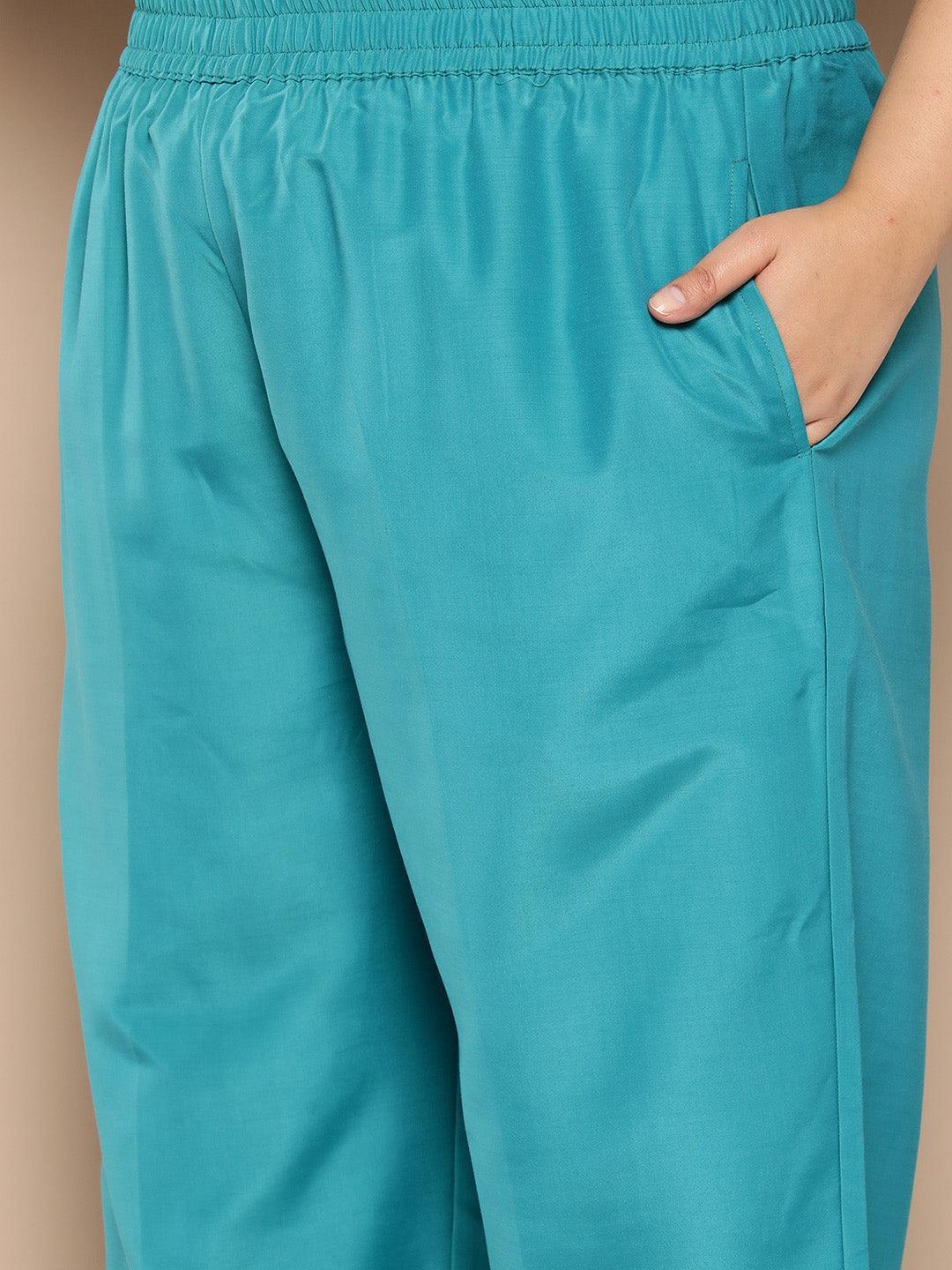 Turquoise Blue Woven Design Silk Blend Straight Kurta With Trousers and Dupatta - Libas 