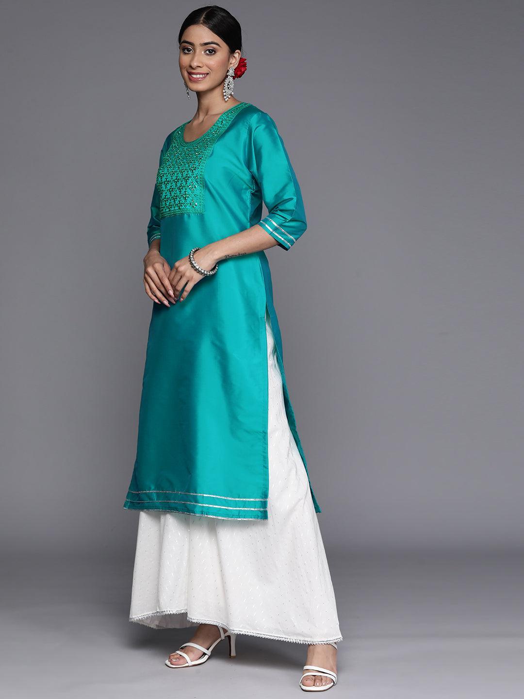 Turquoise Blue Yoke Design Silk Straight Kurta - ShopLibas 