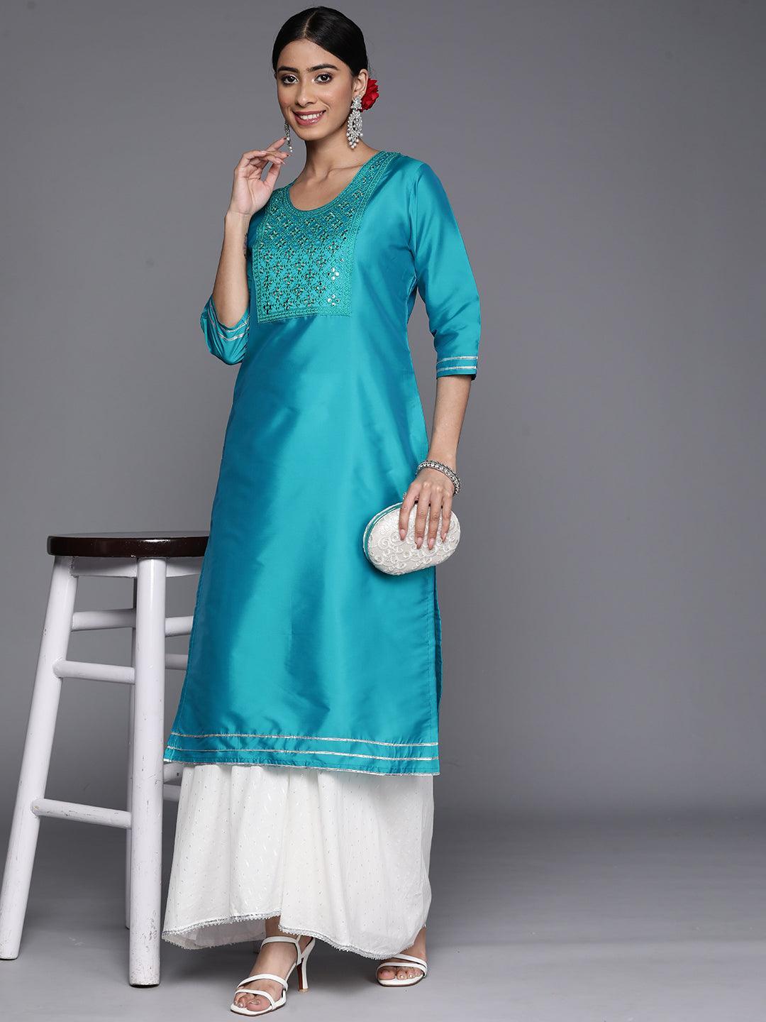 Turquoise Blue Yoke Design Silk Straight Kurta - ShopLibas 