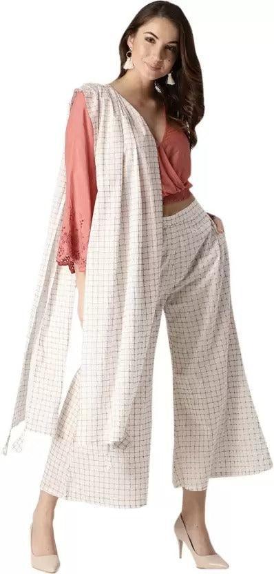 White Checkered Cotton Palazzos With Stole - ShopLibas 