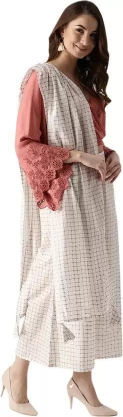 White Checkered Cotton Palazzos With Stole