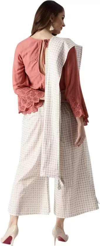 White Checkered Cotton Palazzos With Stole - ShopLibas 