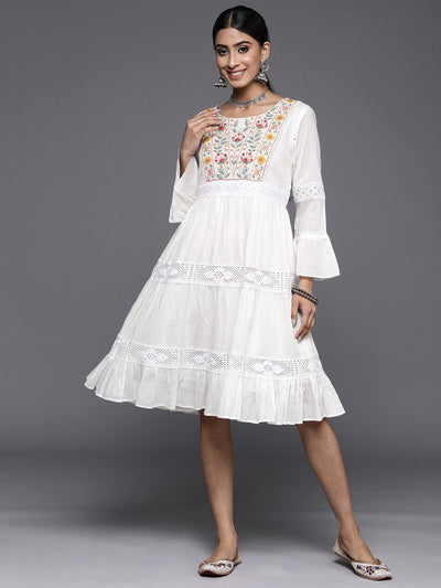 White Embroidered Cotton Fit and Flare Dress - ShopLibas