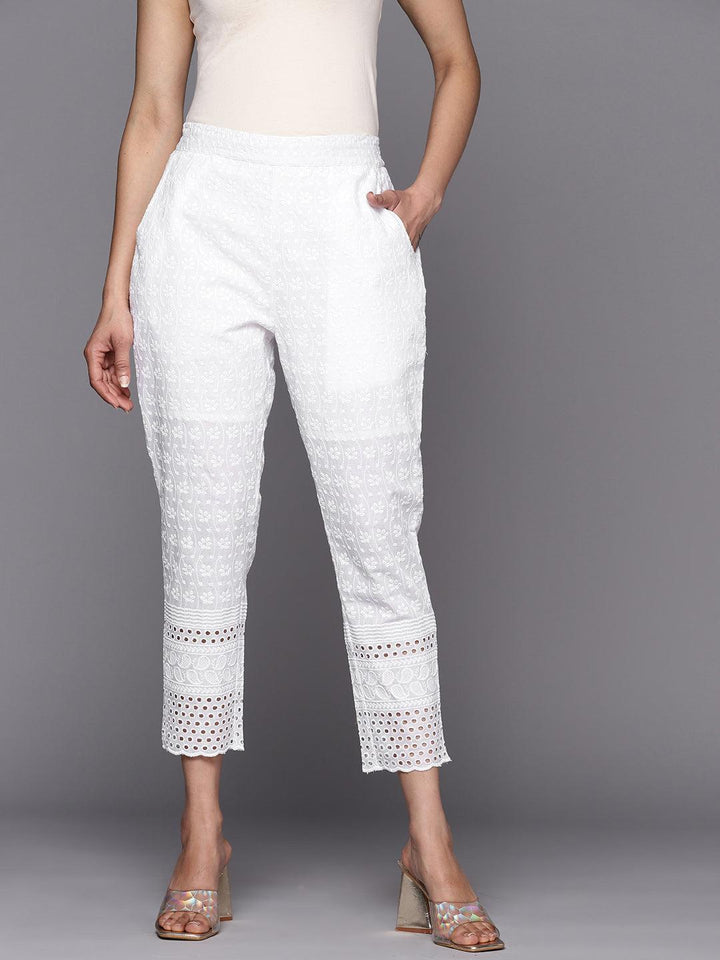 White Embroidered Cotton Trousers