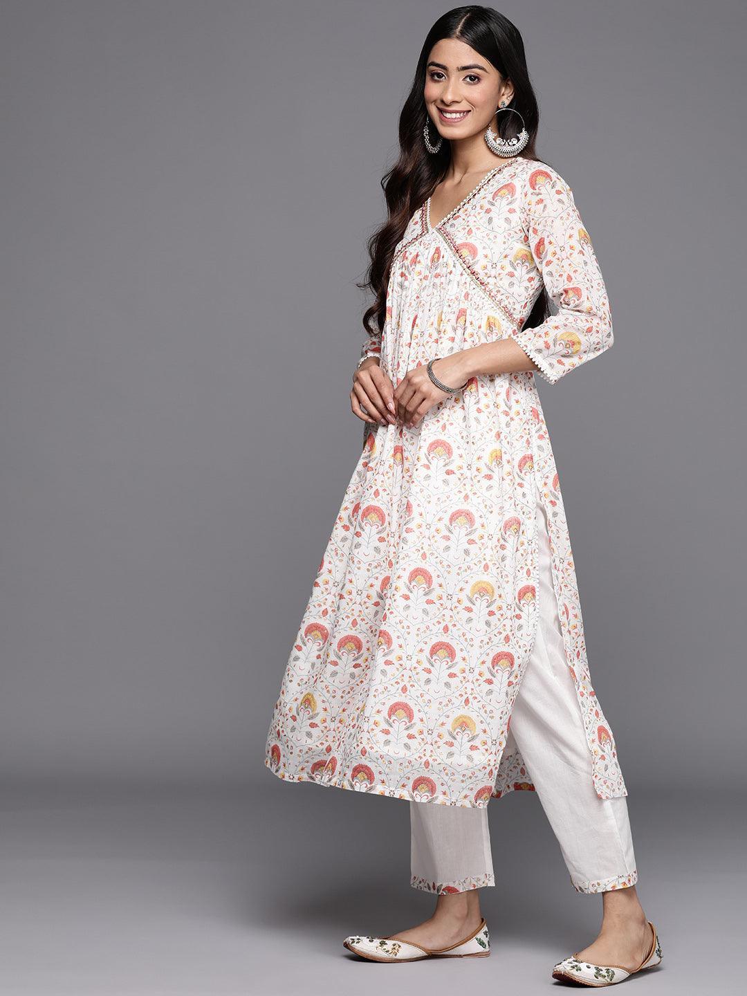 White Printed Cotton A-Line Suit Set With Trousers - ShopLibas 