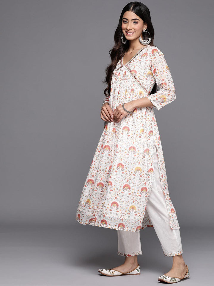 White Printed Cotton A-Line Suit Set With Trousers