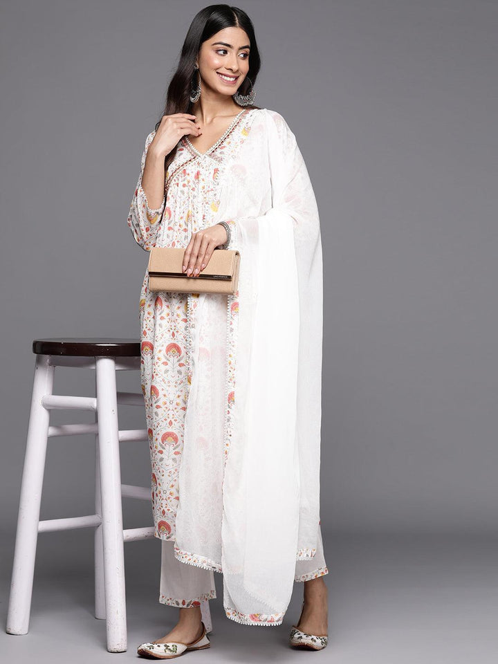 White Printed Cotton A-Line Suit Set With Trousers