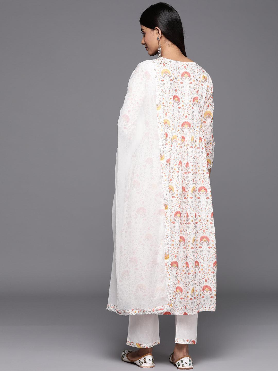 White Printed Cotton A-Line Suit Set With Trousers - ShopLibas 