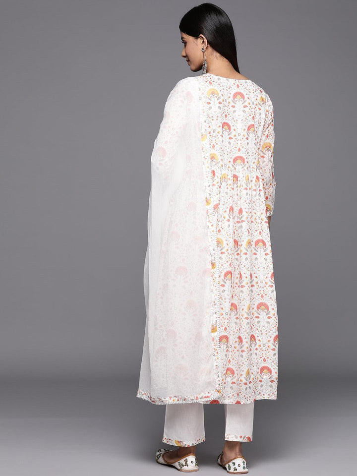 White Printed Cotton A-Line Suit Set With Trousers