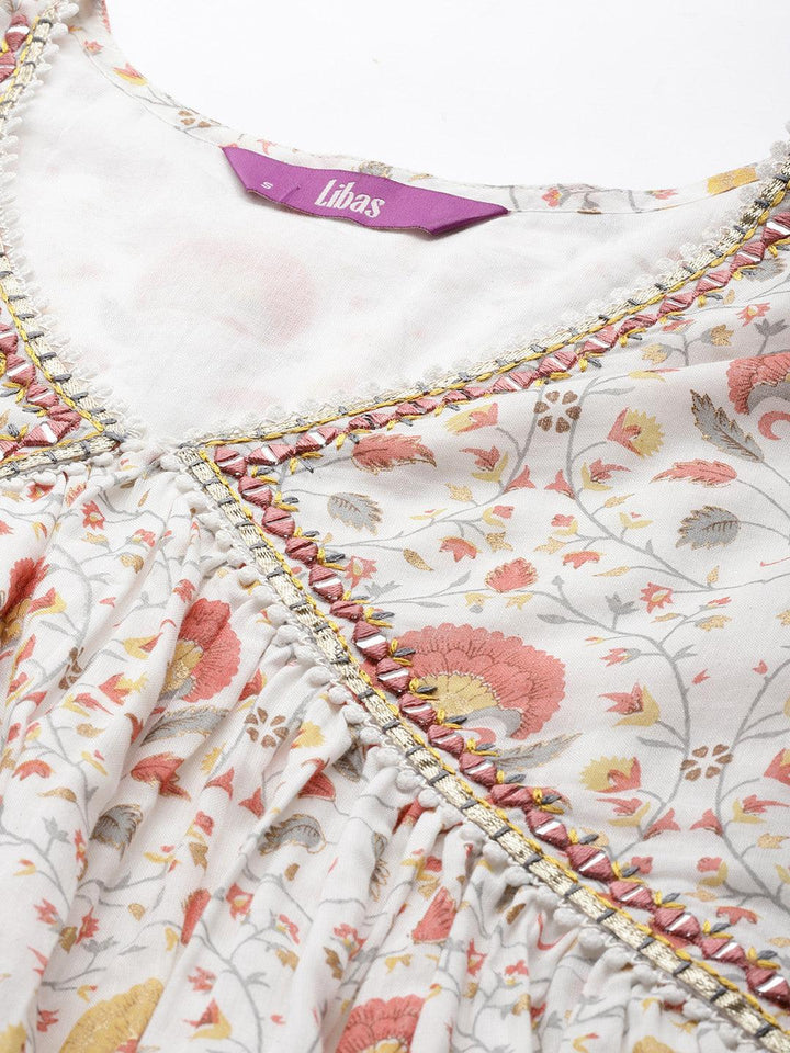 White Printed Cotton A-Line Suit Set With Trousers