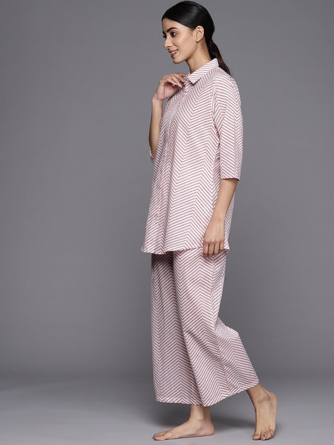 White Printed Cotton Night Suit - ShopLibas 