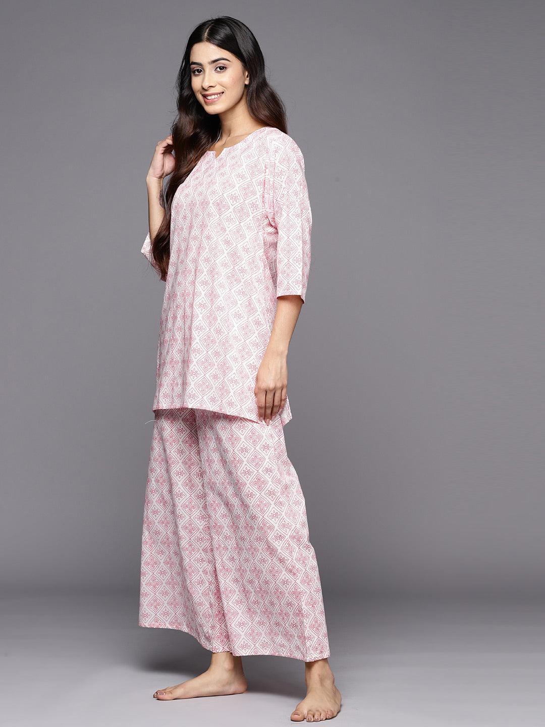 White Printed Cotton Night Suit - ShopLibas 