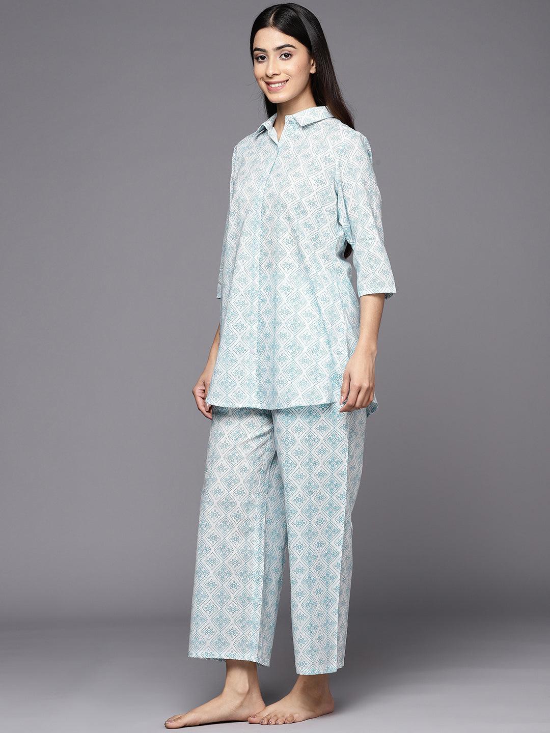 White Printed Cotton Night Suit - ShopLibas 