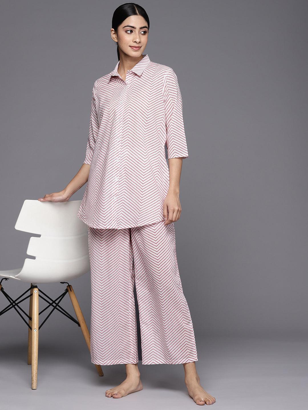 White Printed Cotton Night Suit - ShopLibas 