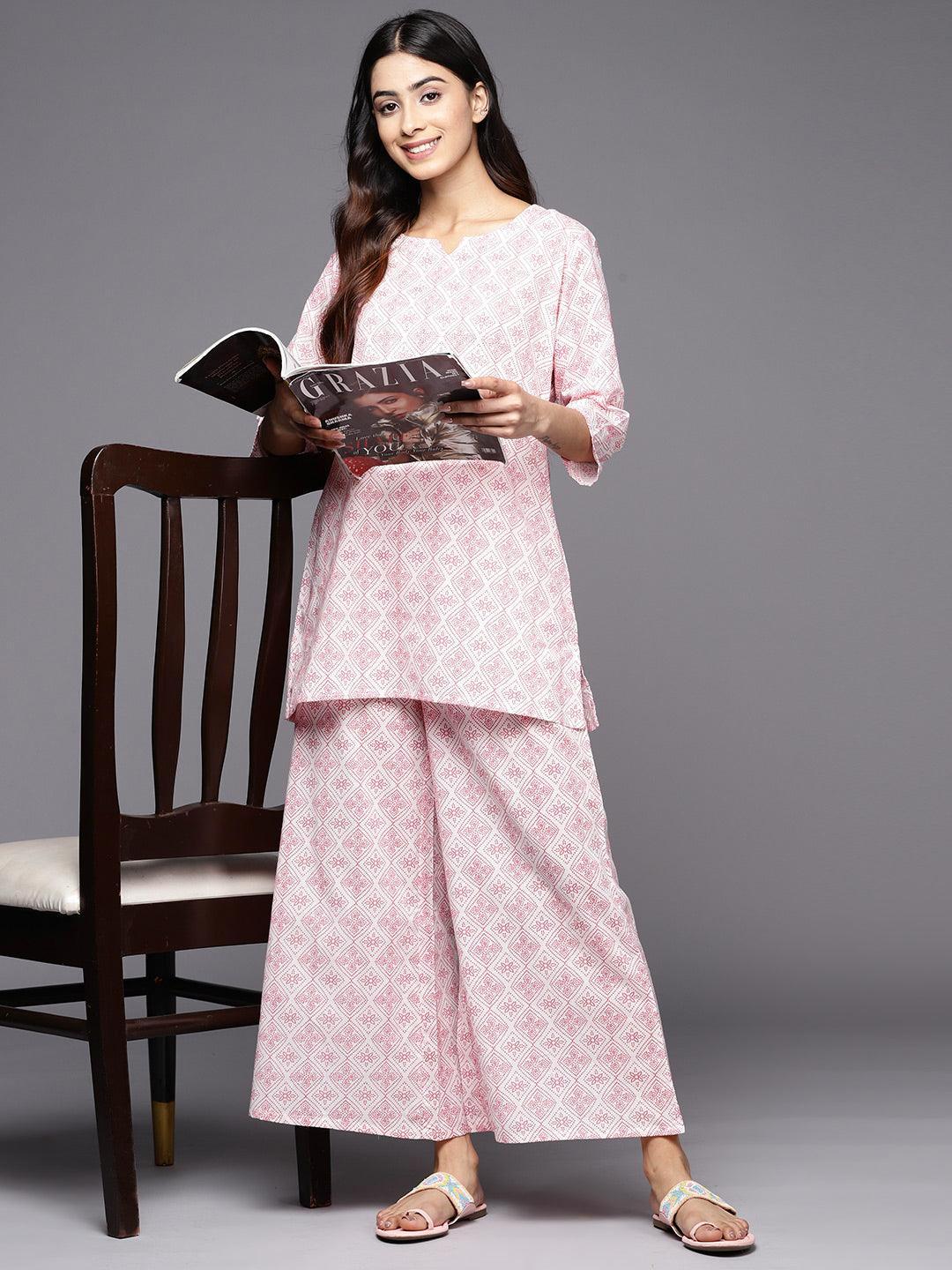 White Printed Cotton Night Suit - ShopLibas 