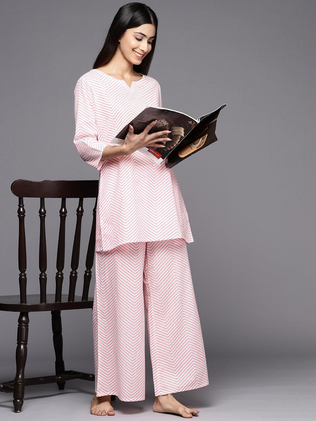 White Printed Cotton Night Suit - ShopLibas