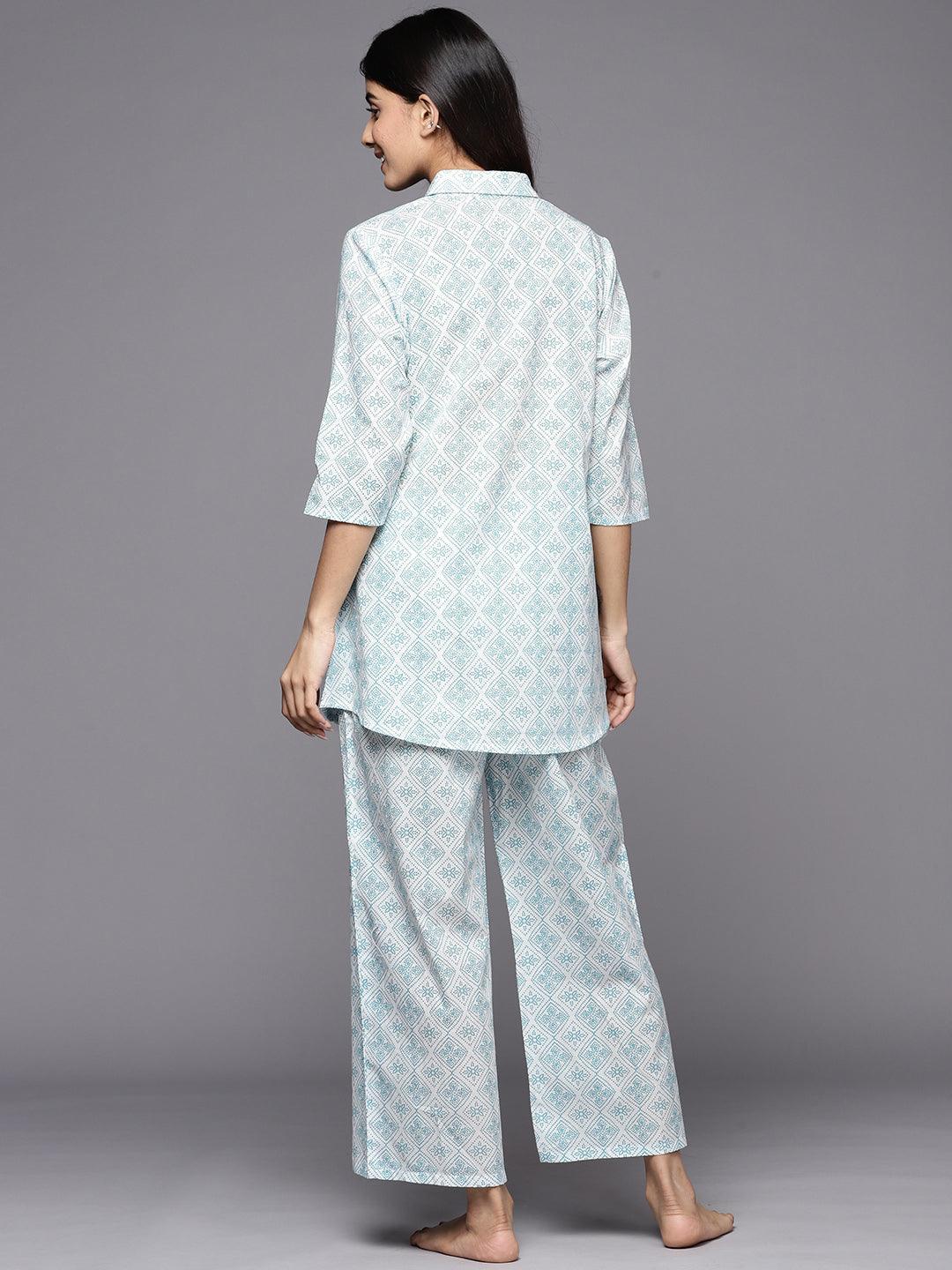 White Printed Cotton Night Suit - ShopLibas 