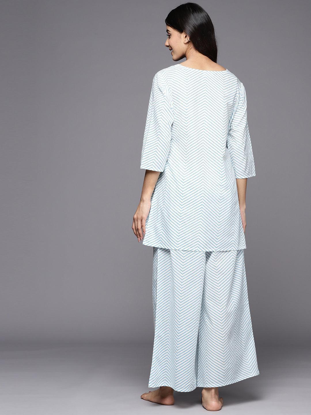 White Printed Cotton Night Suit - ShopLibas 