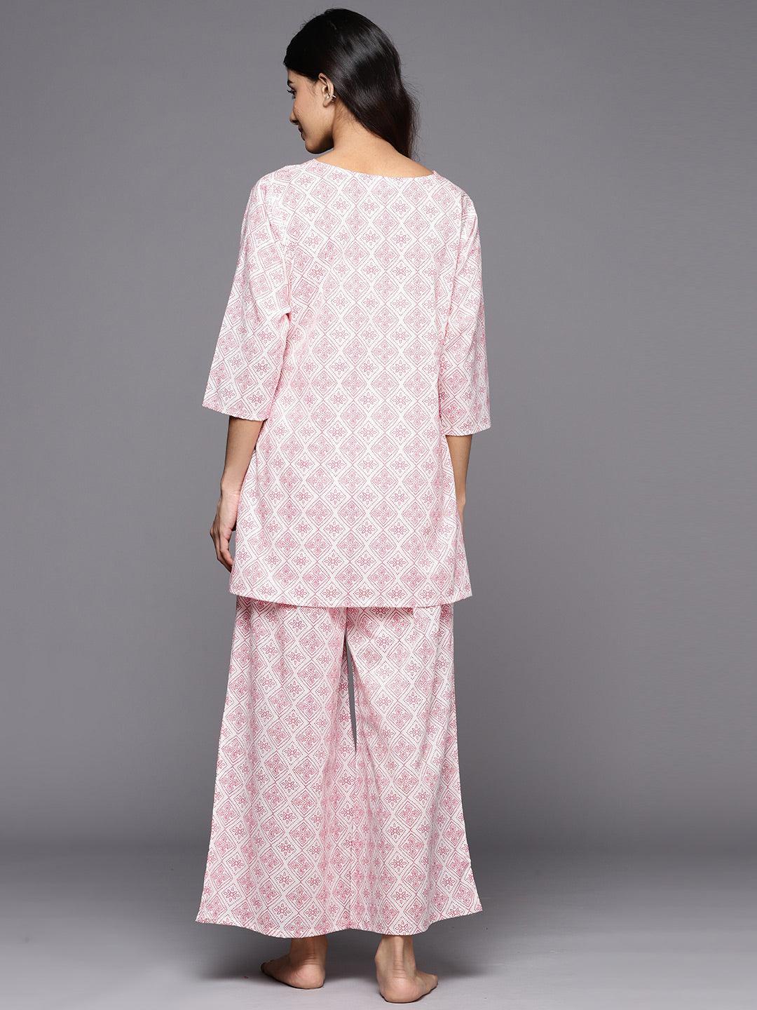 White Printed Cotton Night Suit - ShopLibas 