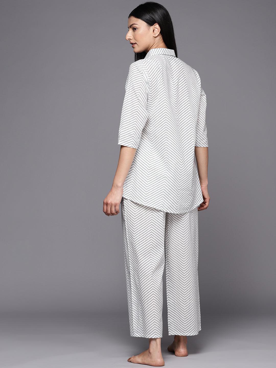 White Printed Cotton Night Suit - ShopLibas