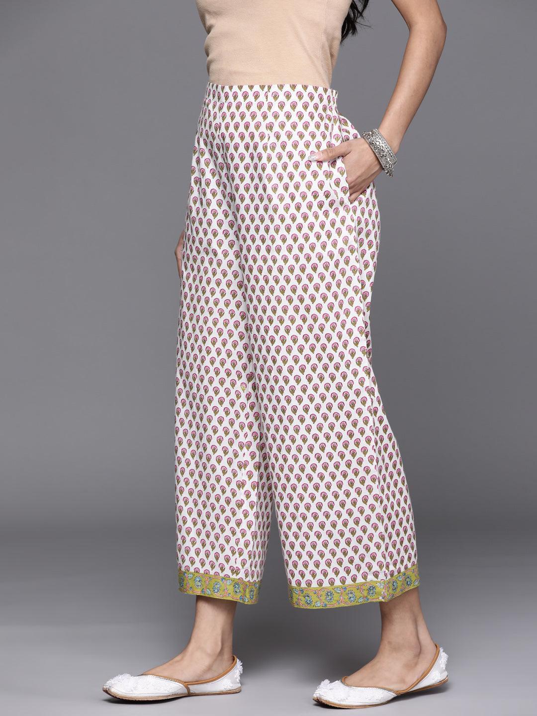 White Printed Cotton Palazzos - ShopLibas 