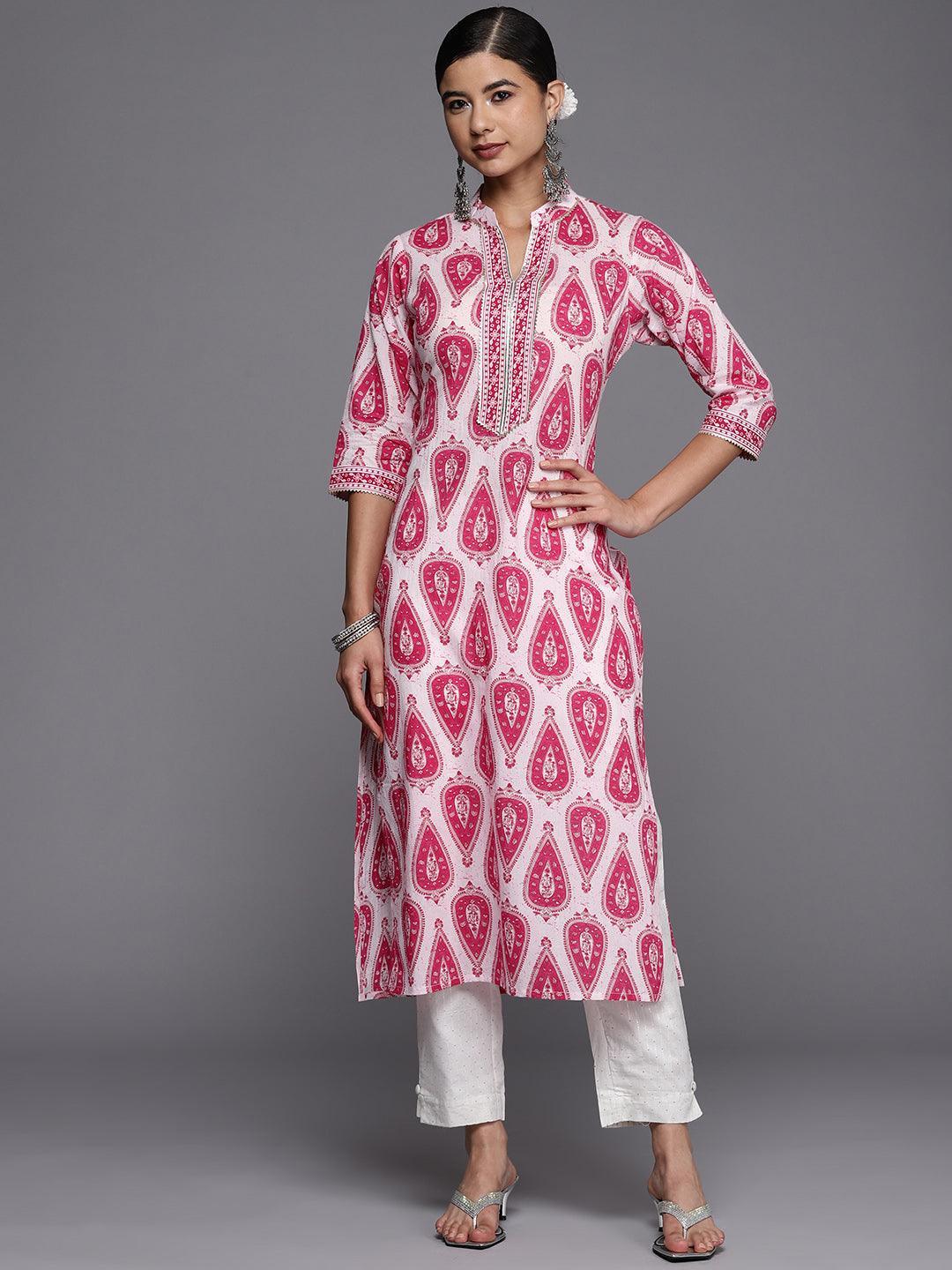 White Printed Cotton Straight Kurta - ShopLibas