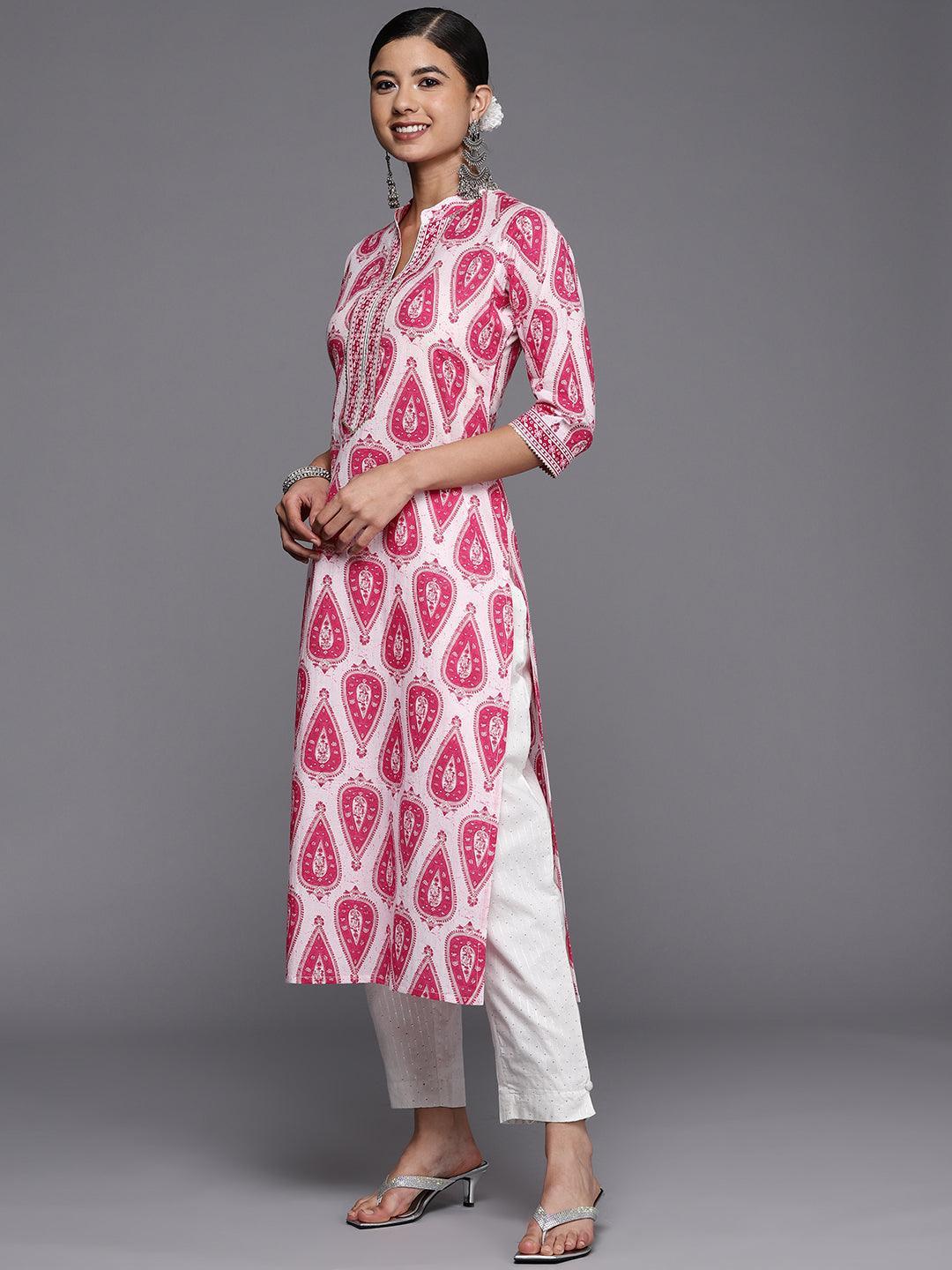 White Printed Cotton Straight Kurta - ShopLibas