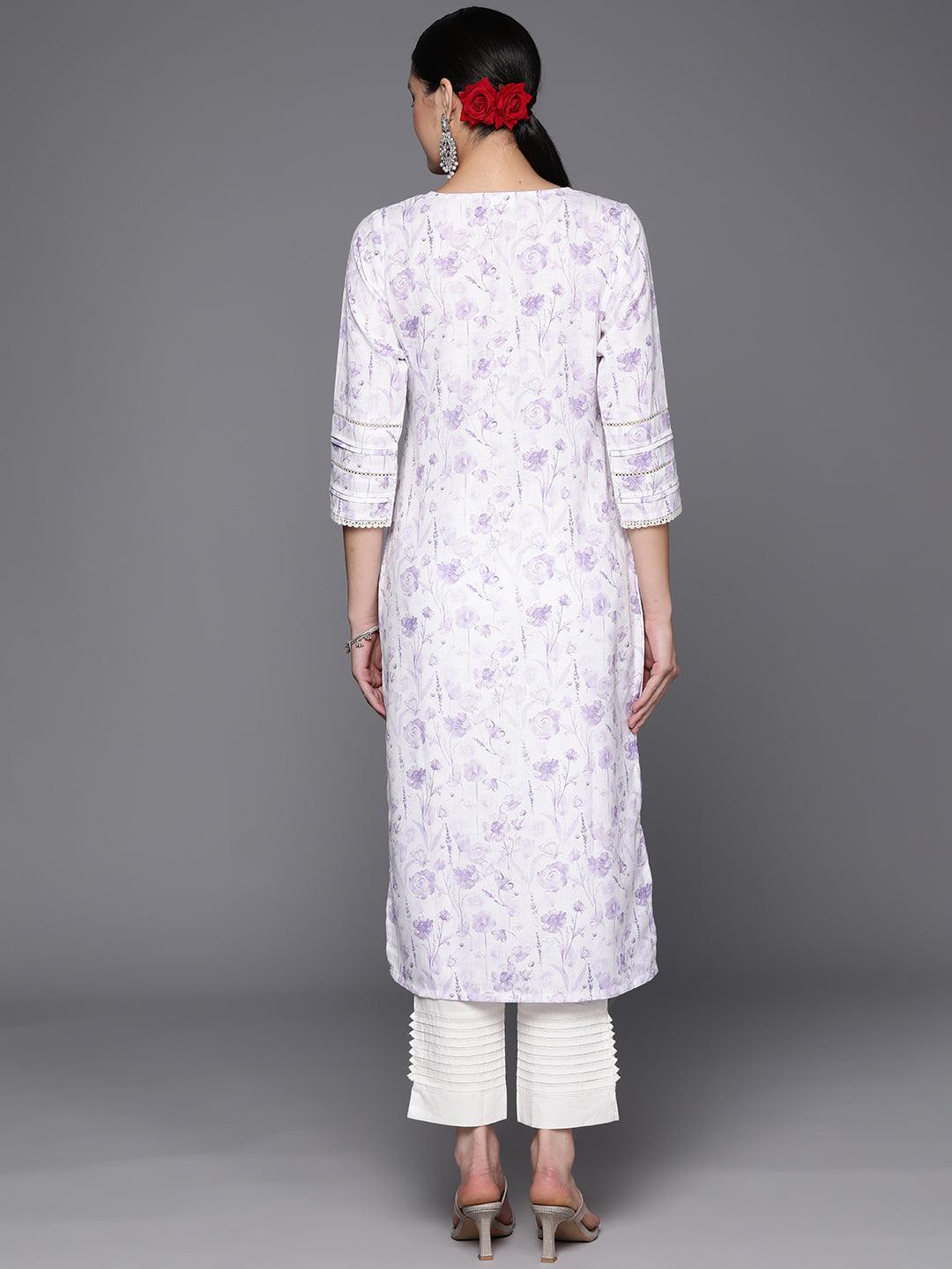 White Printed Cotton Straight Kurta - Libas 