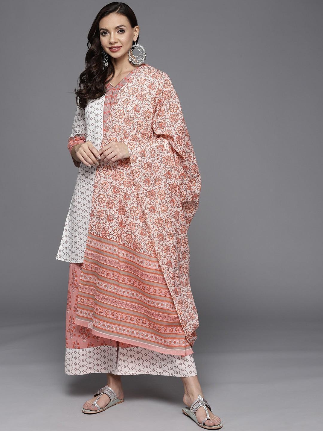 White Printed Cotton Straight Suit Set - ShopLibas