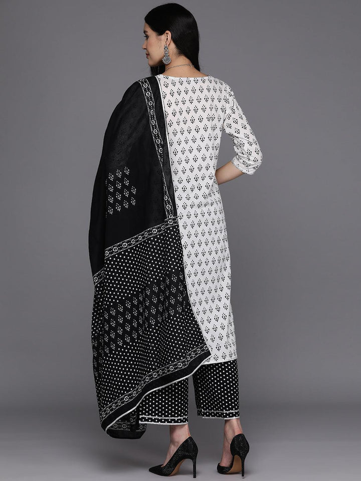 White Printed Cotton Straight Kurta With Palazzos & Dupatta