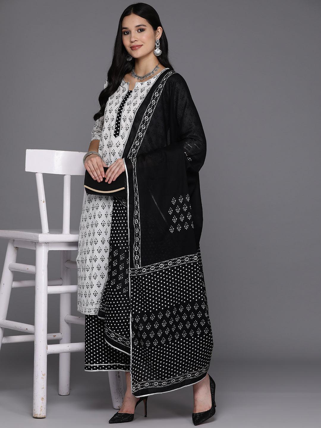 White Printed Cotton Straight Suit Set With Palazzos - Libas 