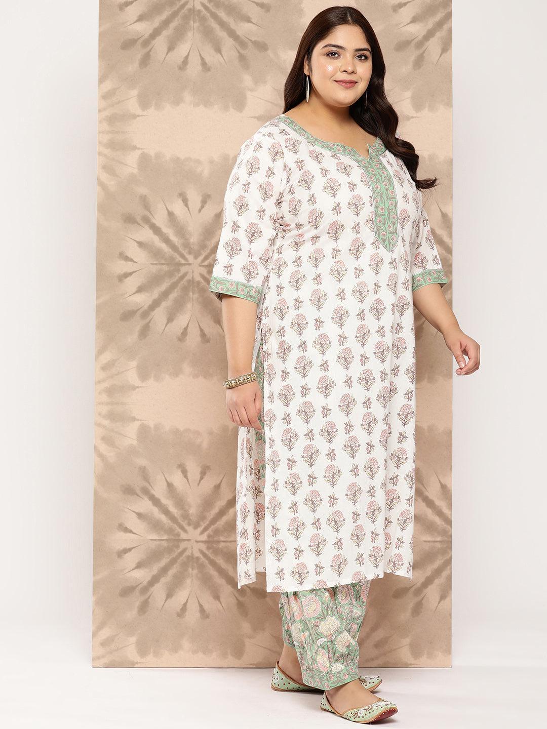 White Printed Cotton Straight Kurta With Salwar and Dupatta - Libas 