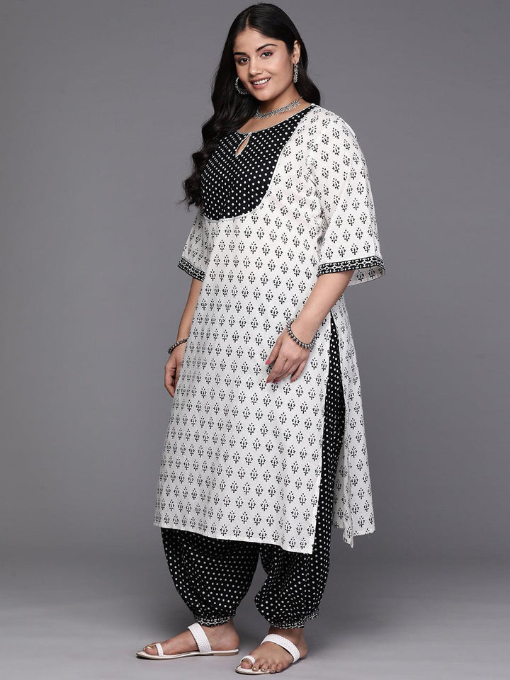 White Printed Cotton Straight Kurta With Salwar & Dupatta