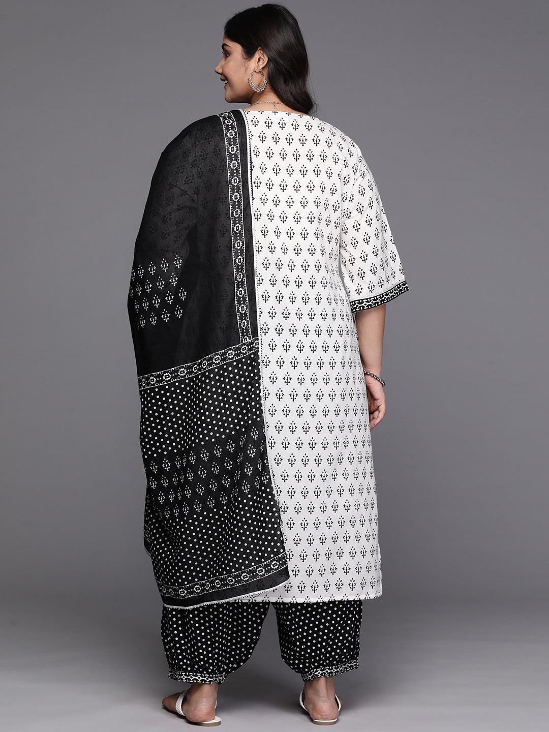 Black Yoke Design Cotton Straight Kurta With Trousers & Dupatta - Libas 