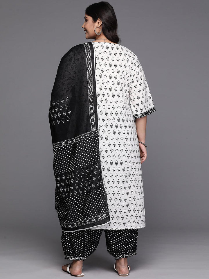 White Printed Cotton Straight Kurta With Salwar & Dupatta
