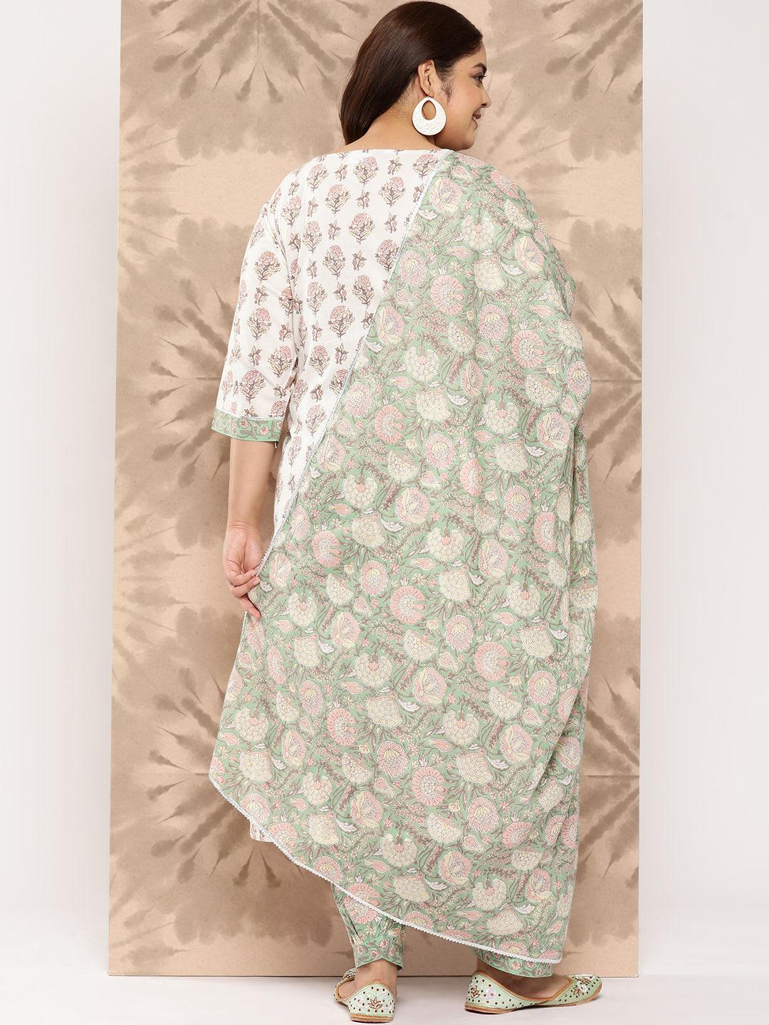 White Printed Cotton Straight Kurta With Salwar and Dupatta - Libas 
