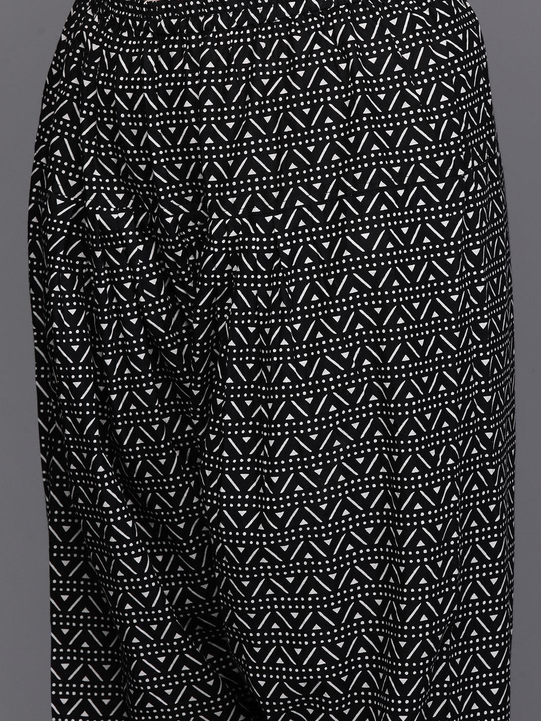 Black Yoke Design Cotton Straight Kurta With Trousers & Dupatta - Libas 