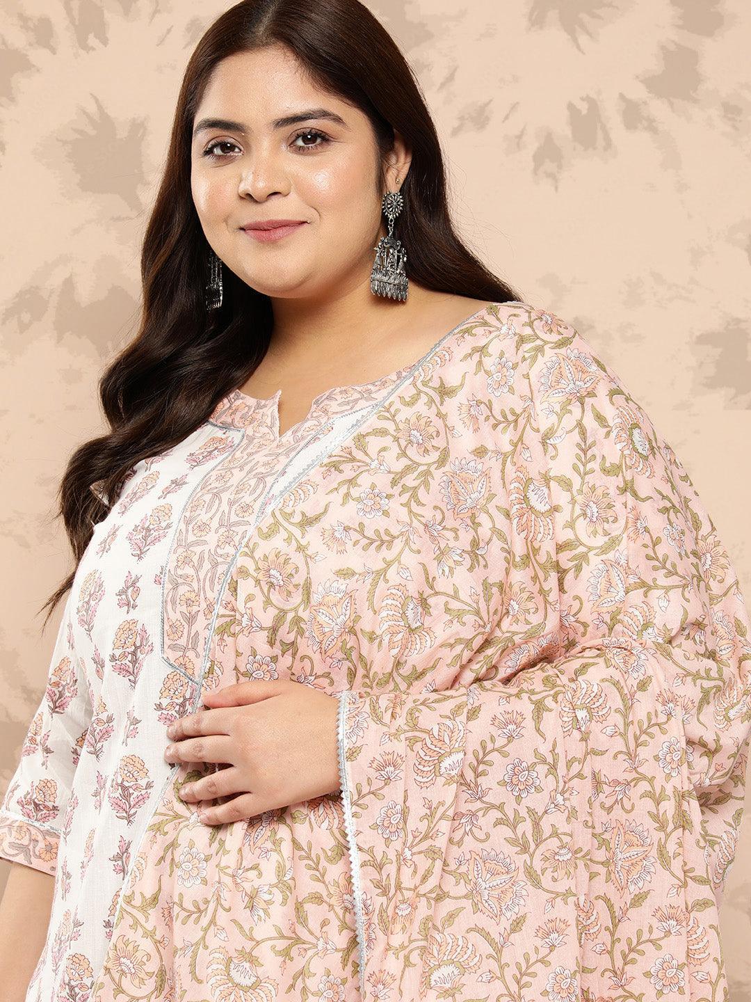 White Printed Cotton Straight Kurta With Salwar and Dupatta - Libas 