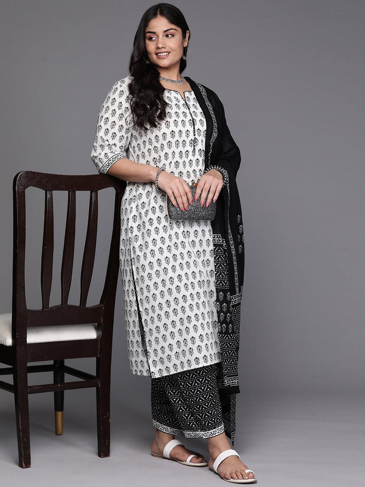 White Printed Cotton Straight Kurta With Salwar & Dupatta