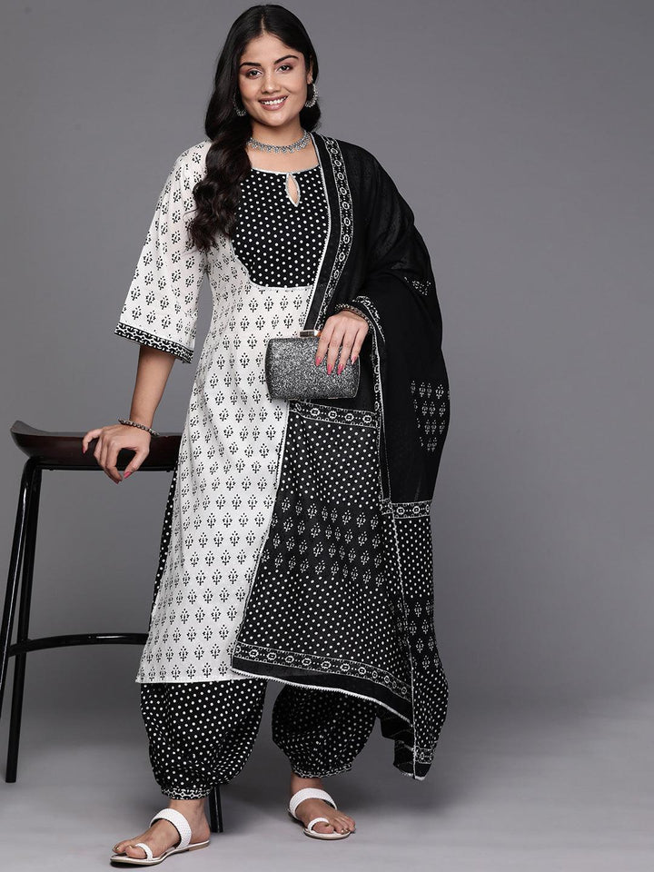 White Printed Cotton Straight Kurta With Salwar & Dupatta