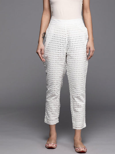 White Self Design Cotton Trousers - ShopLibas
