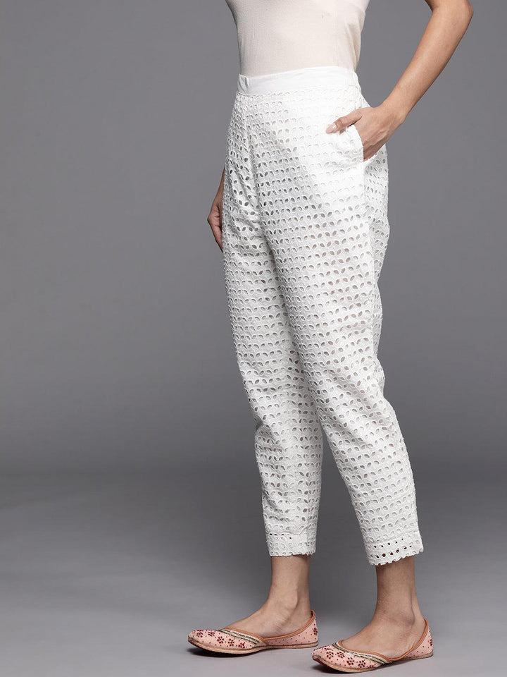 White Self Design Cotton Trousers - ShopLibas