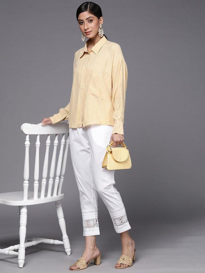 White Solid Cotton Trousers