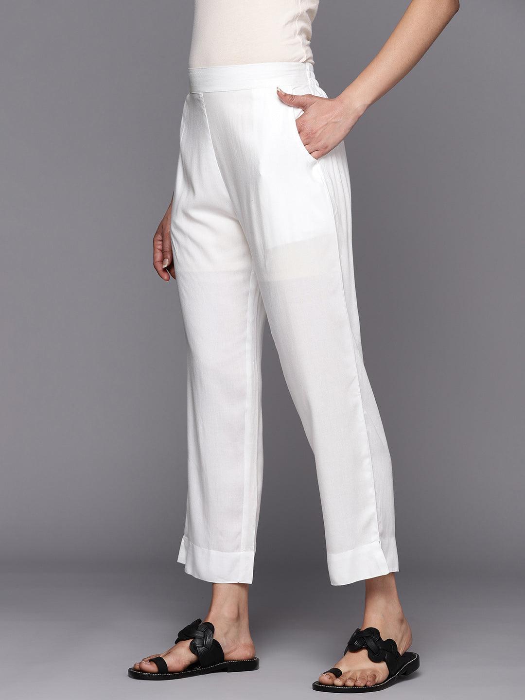 White Solid Viscose Rayon Trousers - ShopLibas 
