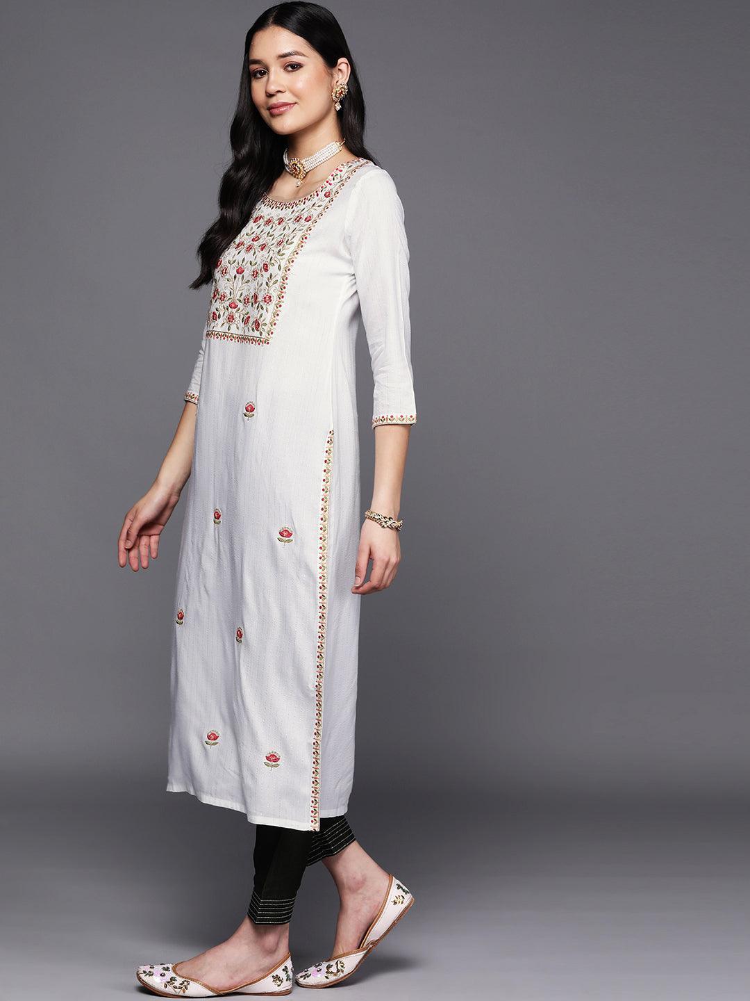 White Yoke Design Rayon Straight Kurta - ShopLibas 