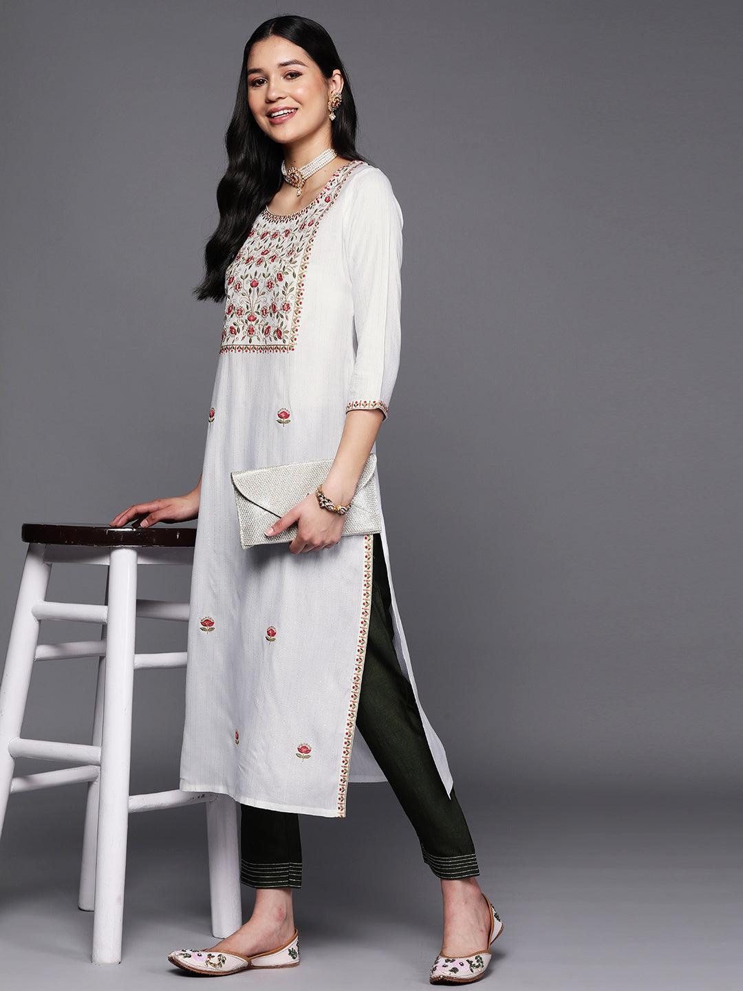 White Yoke Design Rayon Straight Kurta - ShopLibas 