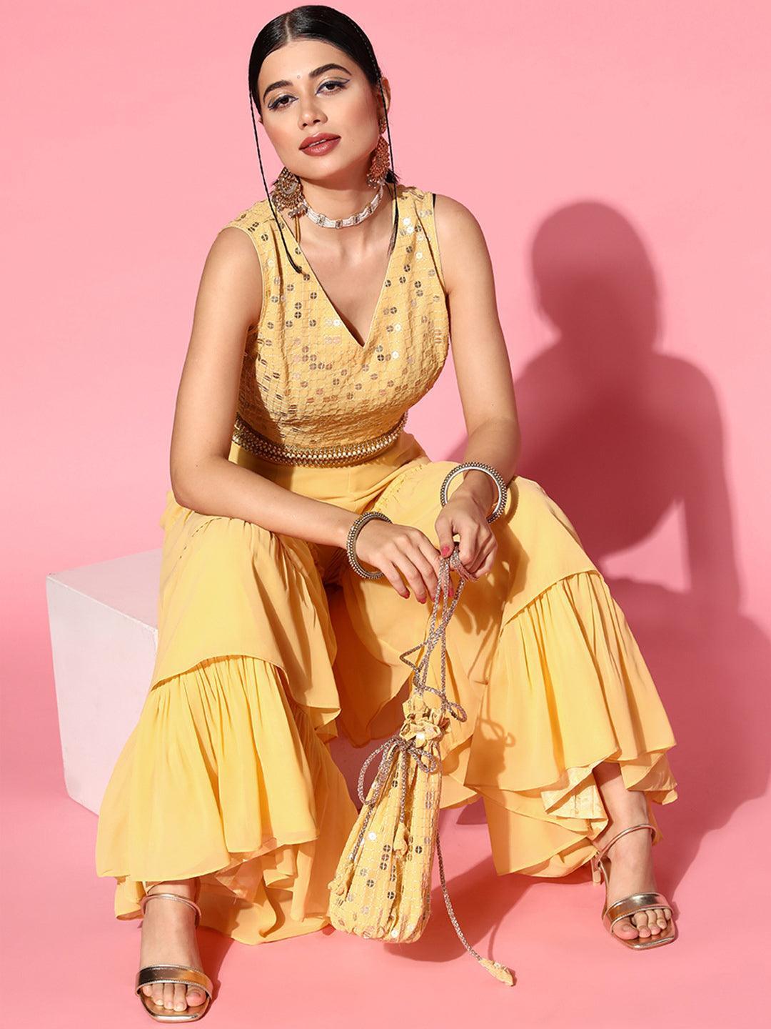 Yellow Embellished Georgette Co-Ords - ShopLibas