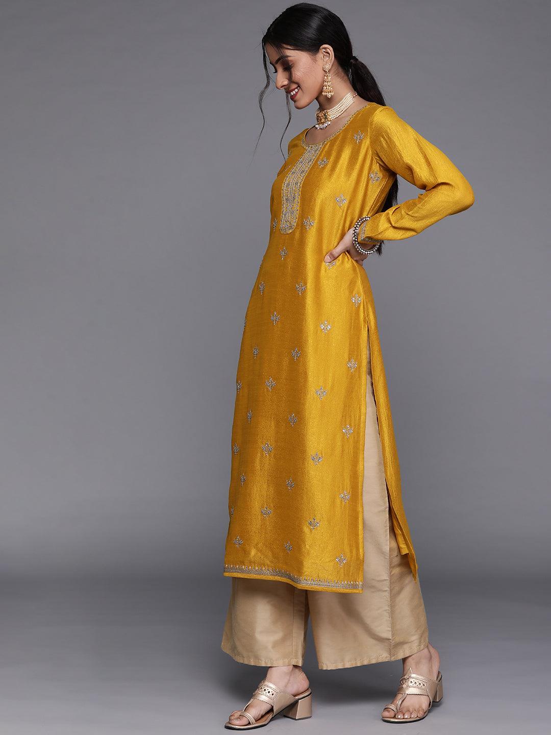 Yellow Embellished Silk Kurta - ShopLibas