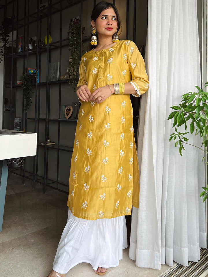 Yellow Embroidered Chanderi Silk Kurta - ShopLibas